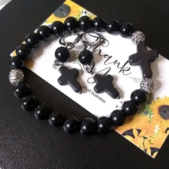 Earring + Bracelet Set! Glossy Black Stone Beads + Cross! Loss Grief Bereavement - Picture 6 of 10